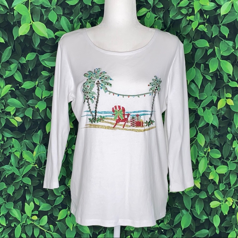 Karen Scott Coastal Christmas Embroidered Palm Tree Cotton Knit Top, Size M - Picture 6 of 6